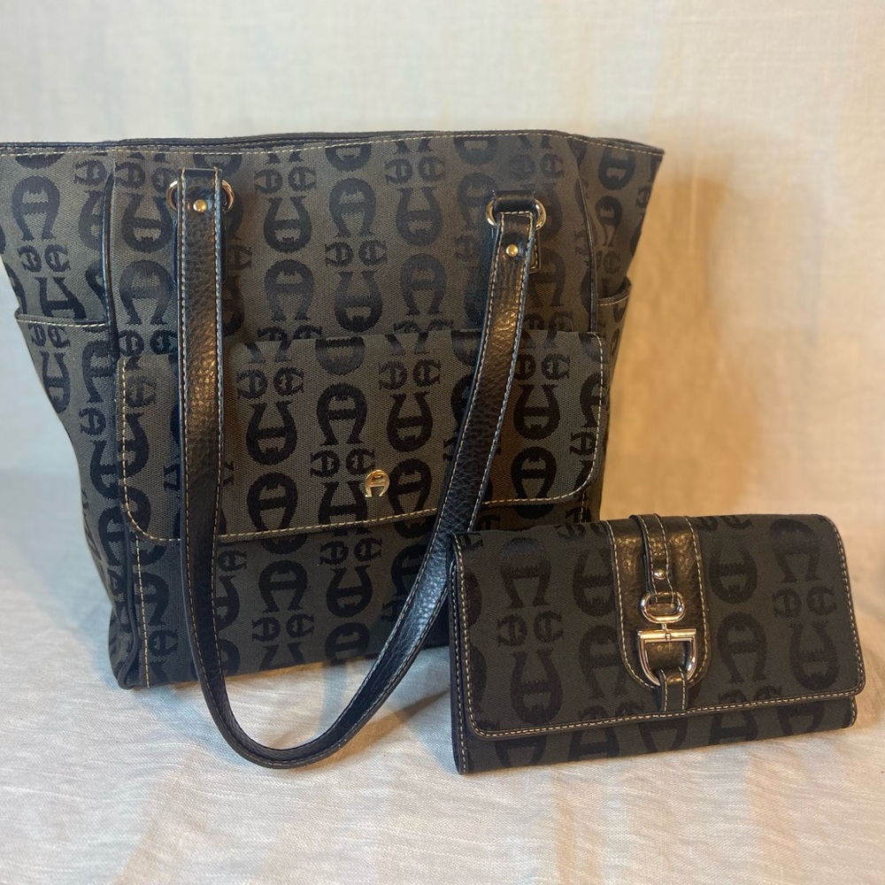 Etienne Aigner Large Black Trapezoid Purse Bag and matching trifold wallet